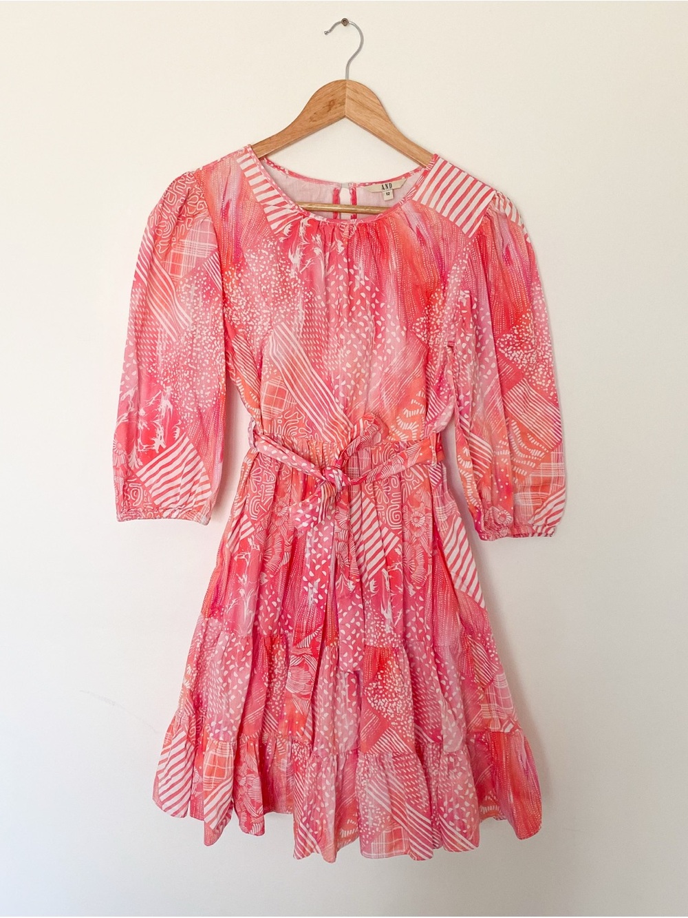 AND Coral Pink Patterned Tiered Midi Dress with Tie Waist, 100% cotton